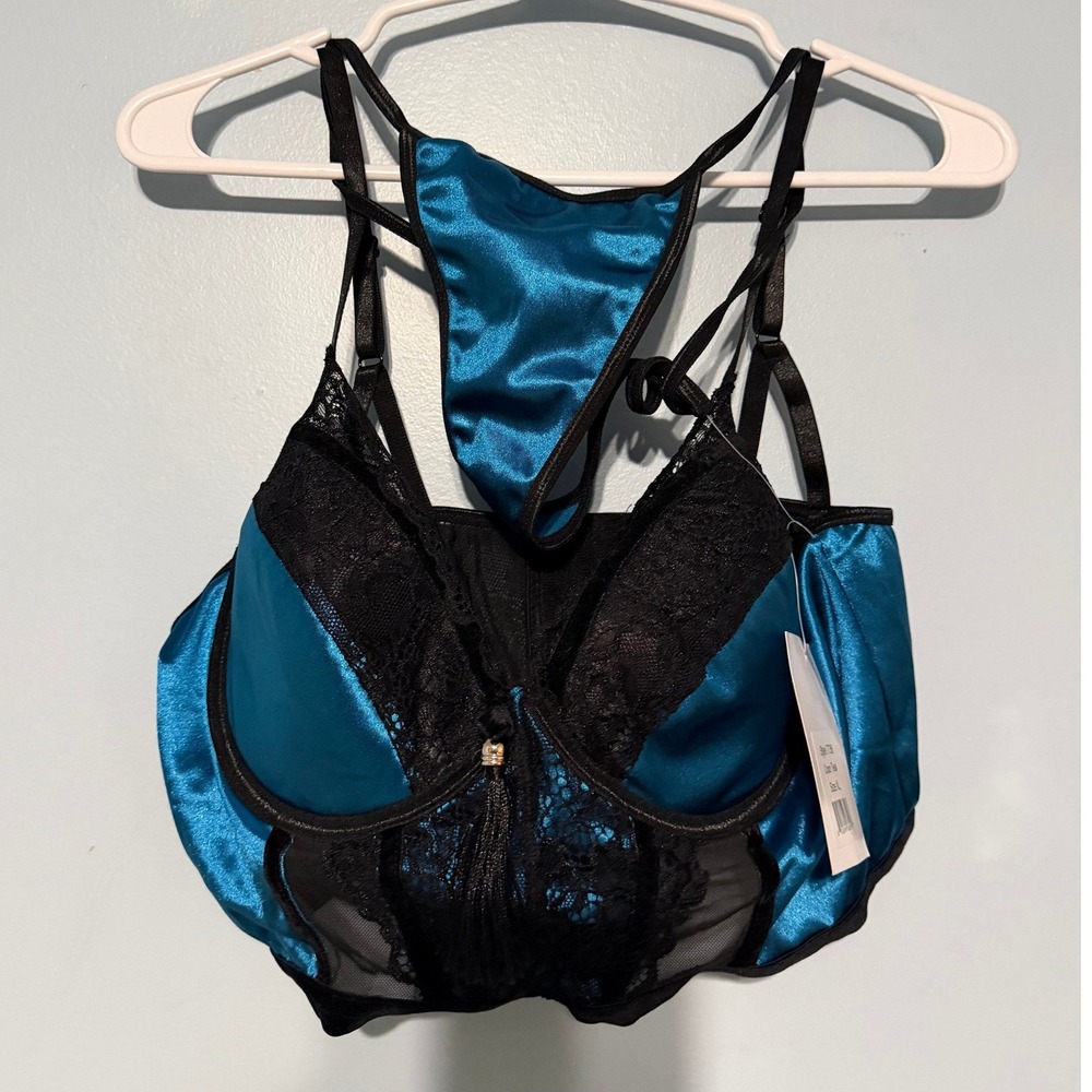 iCollection XL Teal Blue Black Satin Lace Bustier G-String Lingerie Set 1472